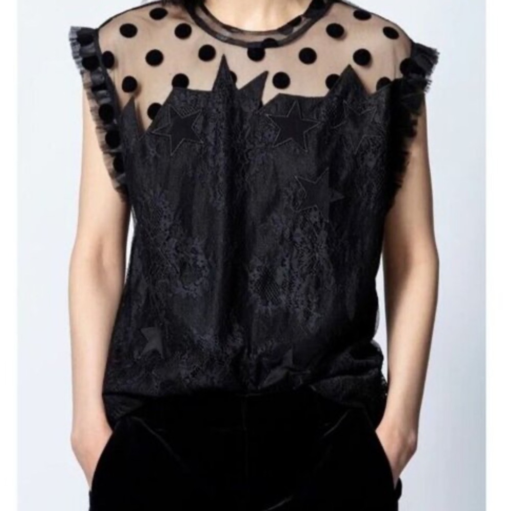 Zadig & Voltaire Tetro Black Lace Illusion Top Star Dots Sheer Back Silk Lining